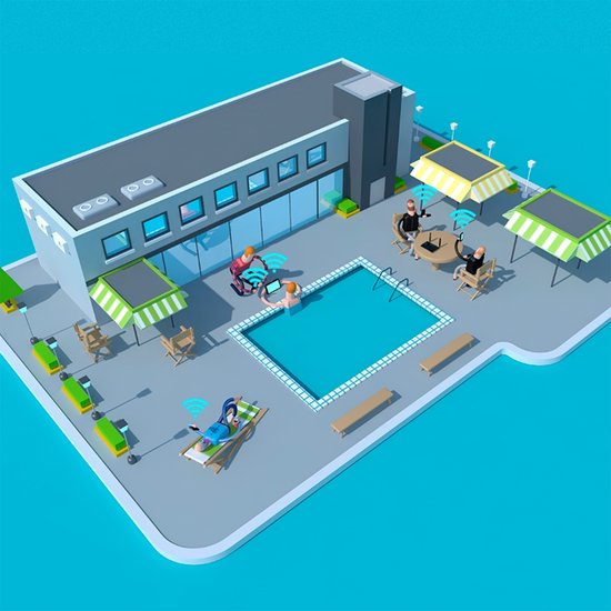 Illustratie van mensen die wifi gebruiken bij een zwembad en in een gebouw.