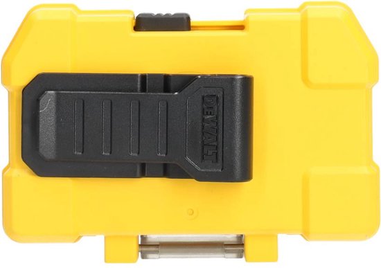 Gele DeWalt bitset, achterkant met gesloten transparante cassette en zwarte clip.
