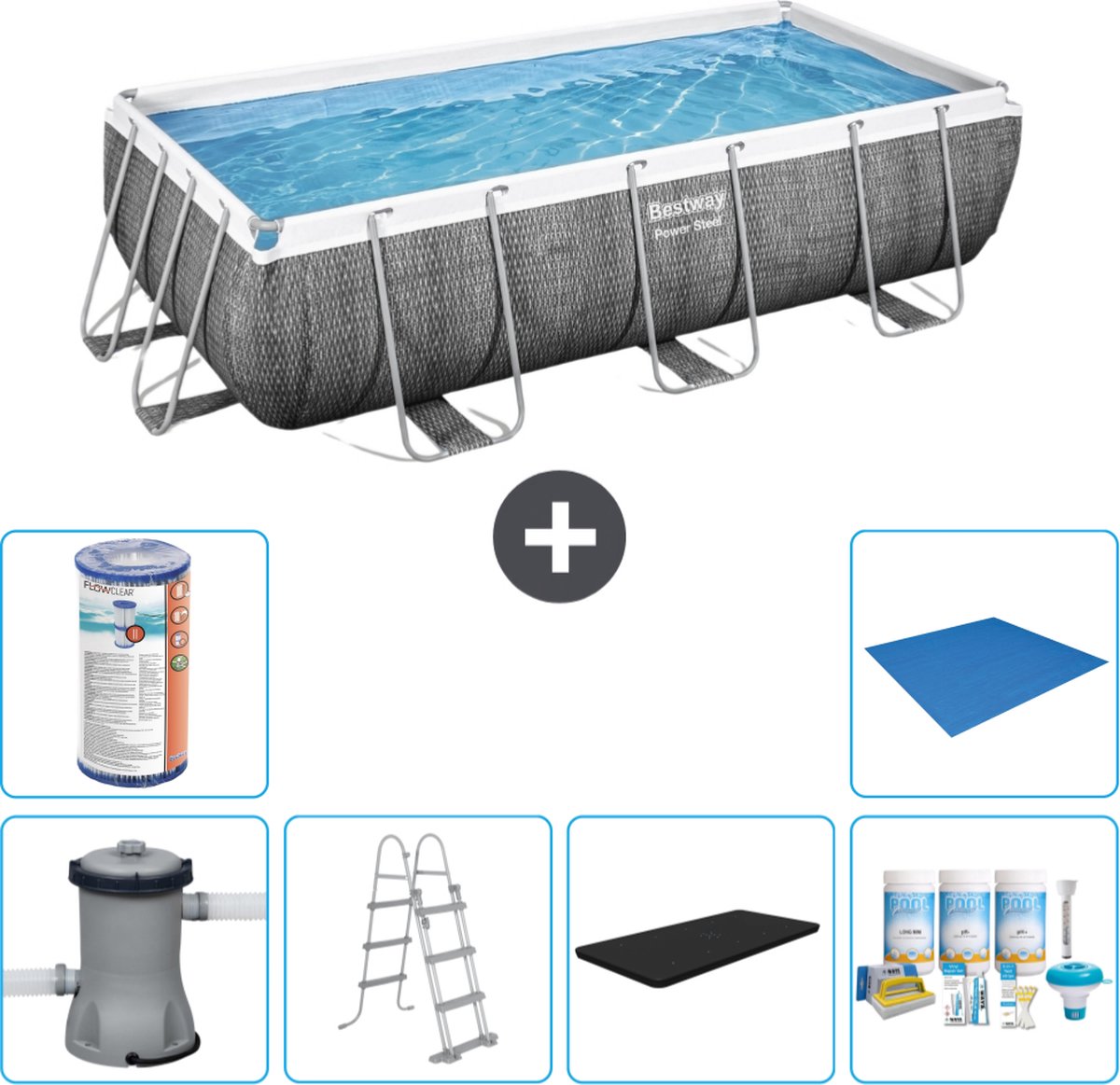Bestway Rechthoekig Power Steel Zwembad – Rattanprint – 404 x 201 x 100 – Inclusief Pomp – Ladder Afdekzeil – Onderhoudspakket – Filter – Grondzeil