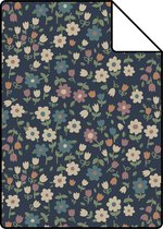 Proefstaal ESTAhome behang bloemetjes donkerblauw, lila roze en vergrijsd groen - 139471 - 26,5 x 21 cm