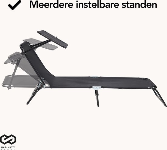 Infinity Goods Ligbed Met Zonnescherm - Opvouwbaar - Set van 2 - Zonnebed - Ligstoel - Verstelbaar - Tuin - Weerbestendig - Zwart van Infinity Goods — afbeelding 4