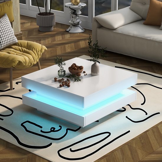 Table basse carrée Sweiko blanche, style technologique moderne avec éclairage LED 16 couleurs, 70x70x36 cm, charge maximale 30 kg