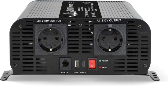 Nedis Auto Omvormer 2000W – 12V / 230V – 2x Stopcontact + USB-A & USB-C – Zuivere Sinusgolf – Schroefaansluiting – Spanningsomvormer