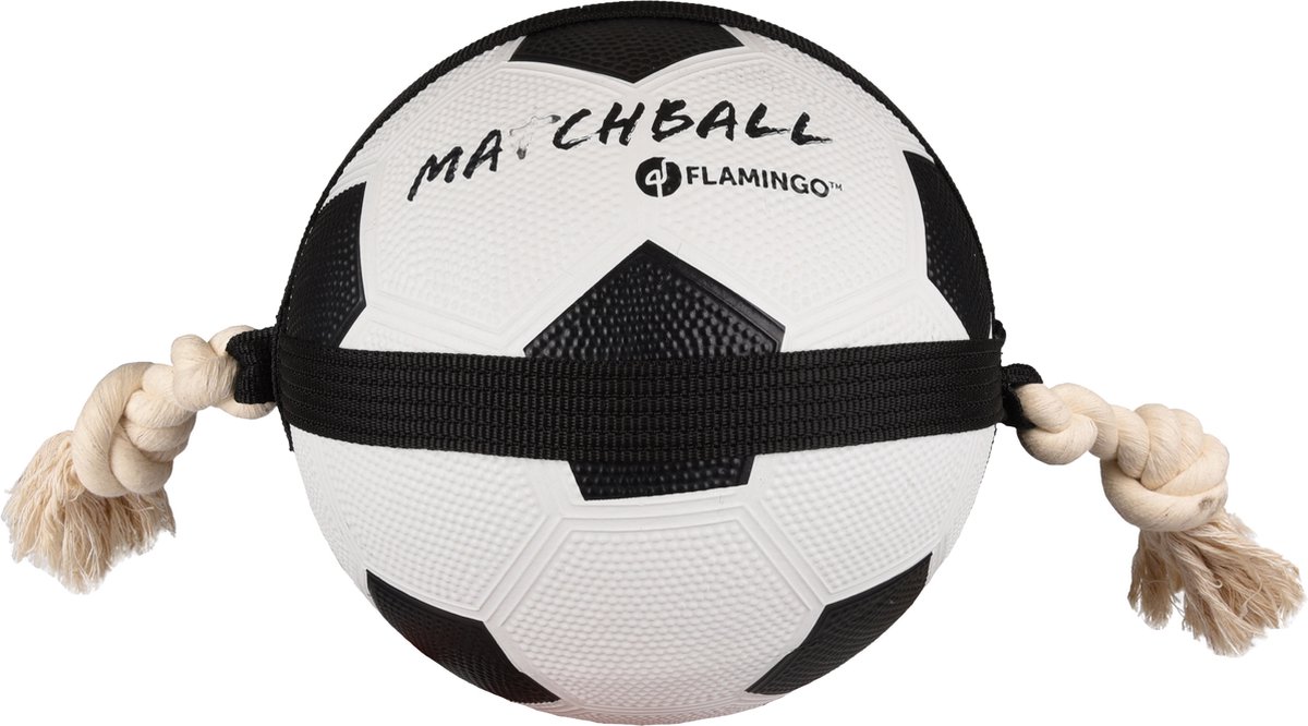 Hondenspeelgoed – Matchball voetbal met touw – Flamingo hondenspeelgoed – hondentouw – hond bal – honden bal – 22 cm – wit/zwart