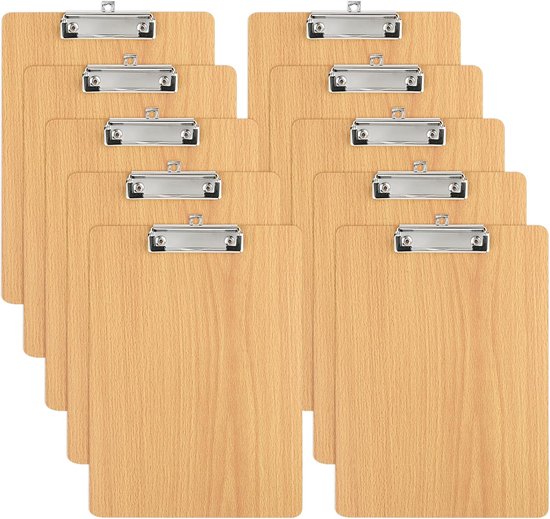 SEUNMUK 10 stuks A4 houten klemborden, hardboard klembord met ophanggat en metalen cliphouder voor papier, document en menu