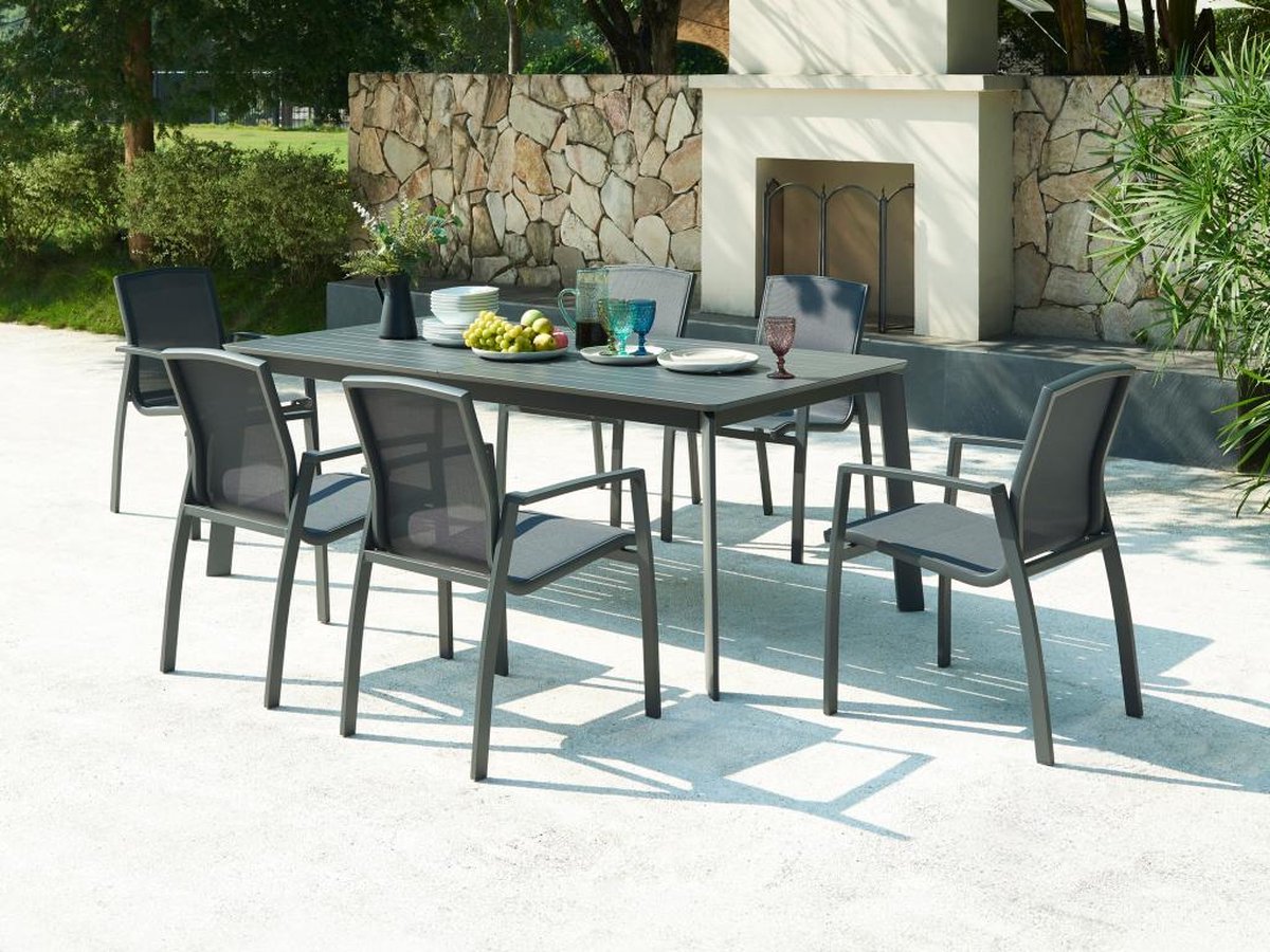 MYLIA Tuineetset van aluminium en textileen: een verlengbare tafel L200/300 cm en 6 opstapelbare fauteuils - Antraciet - MILLAU van MYLIA L 300 cm x H 89 cm x D 102.5 cm