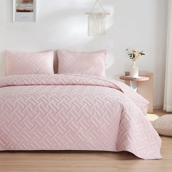 Bastix - Sprei, bedsprei, 220 x 200 cm, roze, sprei van microvezel, quilt sprei, lichte deken, quilt deken, quilt ultrasoon genaaid, met 2 kussenslopen, mandpatroon