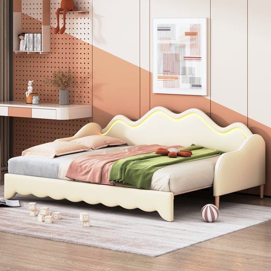 Canapé-lit multifonction 2 en 1-Lit enfant en PU avec éclairage LED-Lit rembourré 90(180)*190cm Taille réglable-avec sommier à lattes-beige