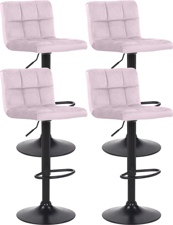 CLP Feni Set van 4 barkrukken - Met rugleuning - Verstelbaar - Velvet - Fluweel - roze