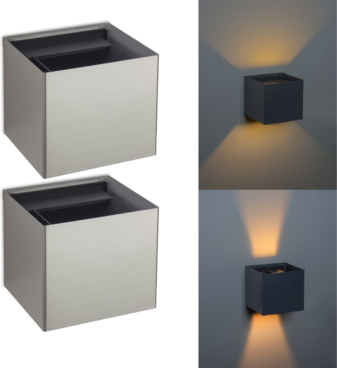Trango Set van 2 IP44 Up & Down Wandspot 8015-02S *FLEX* in vierkant van geborsteld roestvrij staal incl. 1x 3,5 Watt G9 LED-lamp met instelbare stralingshoek als binnen- en buitenlamp Buitenspot, wandlamp