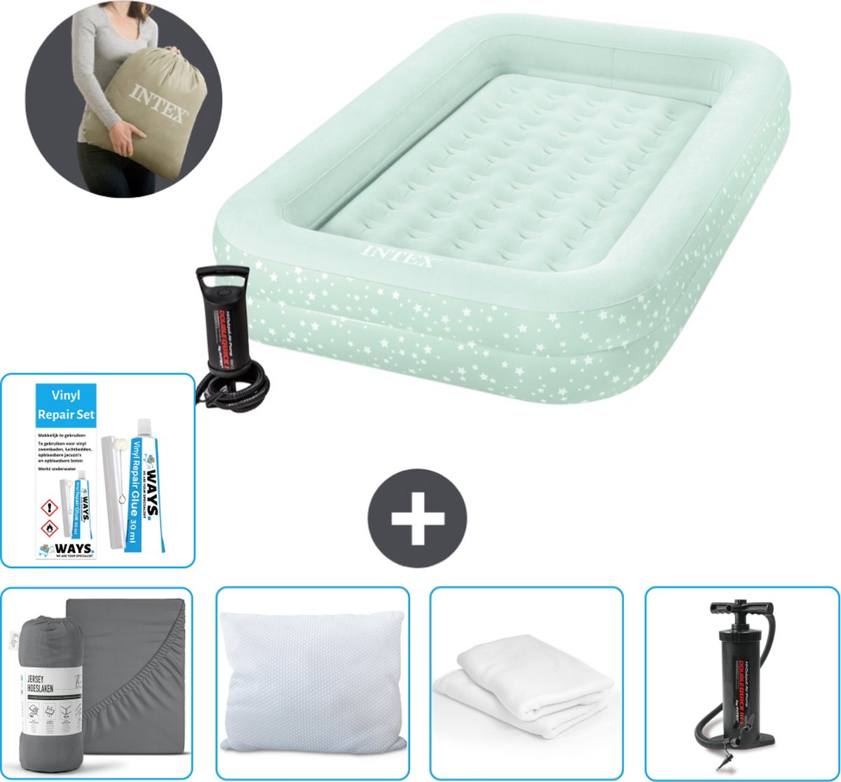 Intex Kidz luchtbed - 1-Persoons - 107 x 168 x 25 cm - Mintgroen - Inclusief pomp - Hoeslaken - Kussen - Pomp - Reparatieset en Kussenbeschermer