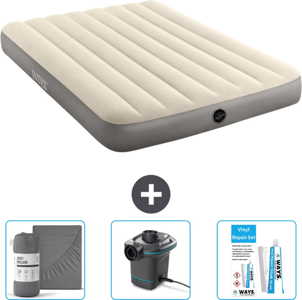 Intex Luchtbed - Twijfelaar - 137 x 191 x 25 cm - Beige - Inclusief Hoeslaken - Pomp en Reparatieset