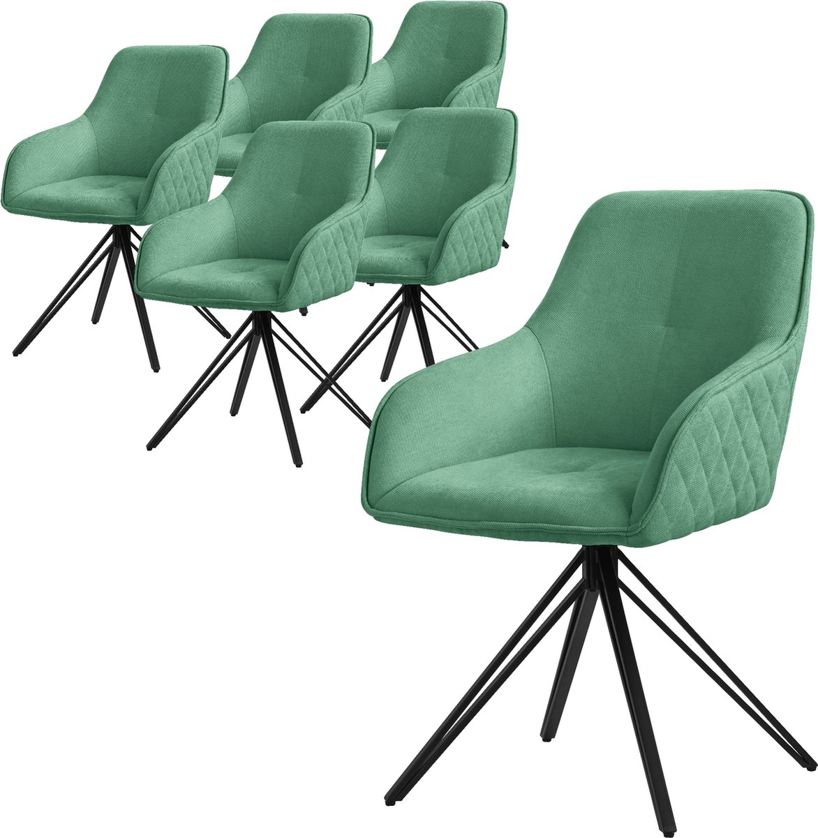 ml-design eetkamerstoelen draaibaar set van 6, textiel geweven stof, groen, woonkamerstoel met armleuning/rugleuning, 360° draaibare stoel, gestoffeerde stoel met metalen poten, ergonomische fauteuil