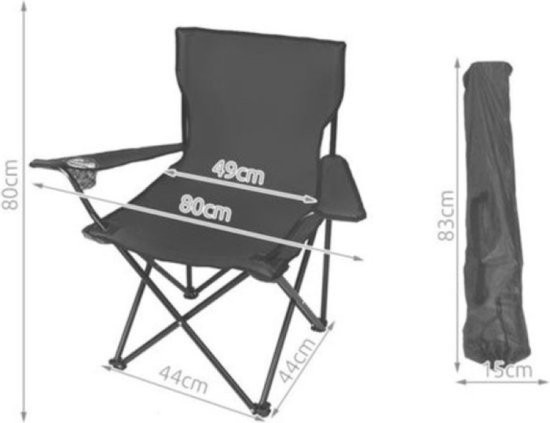 Afmetingen van een zwarte campingstoel, 80cm hoog, 49cm breed, en de draagtas is 83cm hoog.