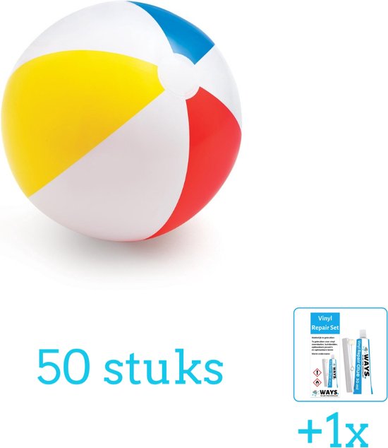 Opblaasbare strandbal met rode, witte, gele en blauwe vlakken. Inclusief reparatieset.