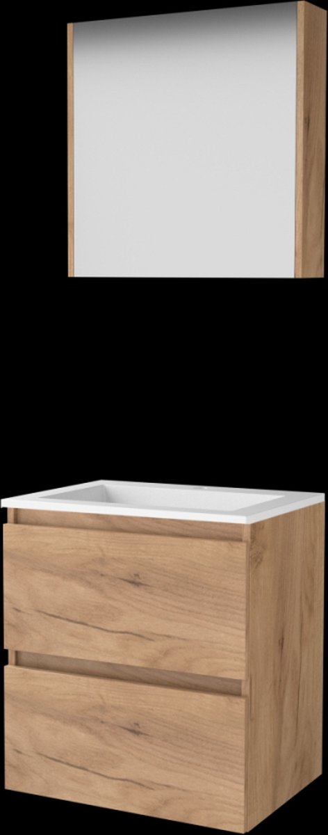 Basic Comfort 46 badmeubelset met spiegelkast, greeploze wastafelonderkast met 2 lades en acryl wastafel met 1 kraangat 60 x 46 cm, whisky oak