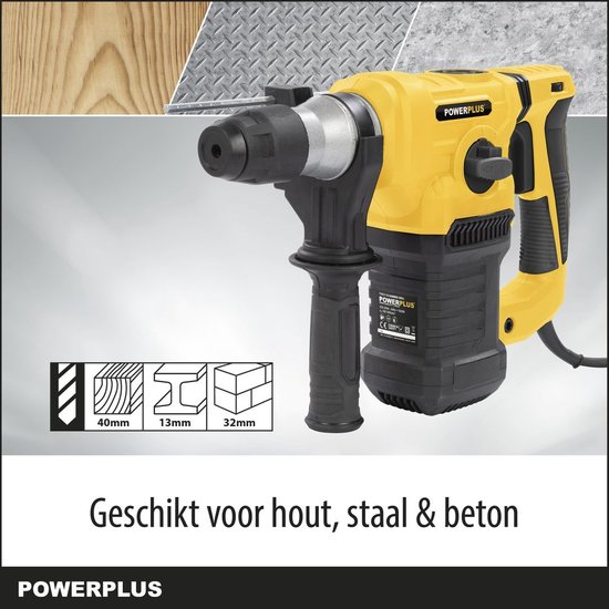 Gele klopboormachine met zwarte accenten en SDS-plus aansluiting. Afmetingen: 40mm, 13mm, 32mm. Tekst: 'Geschikt voor hout, staal & beton'.