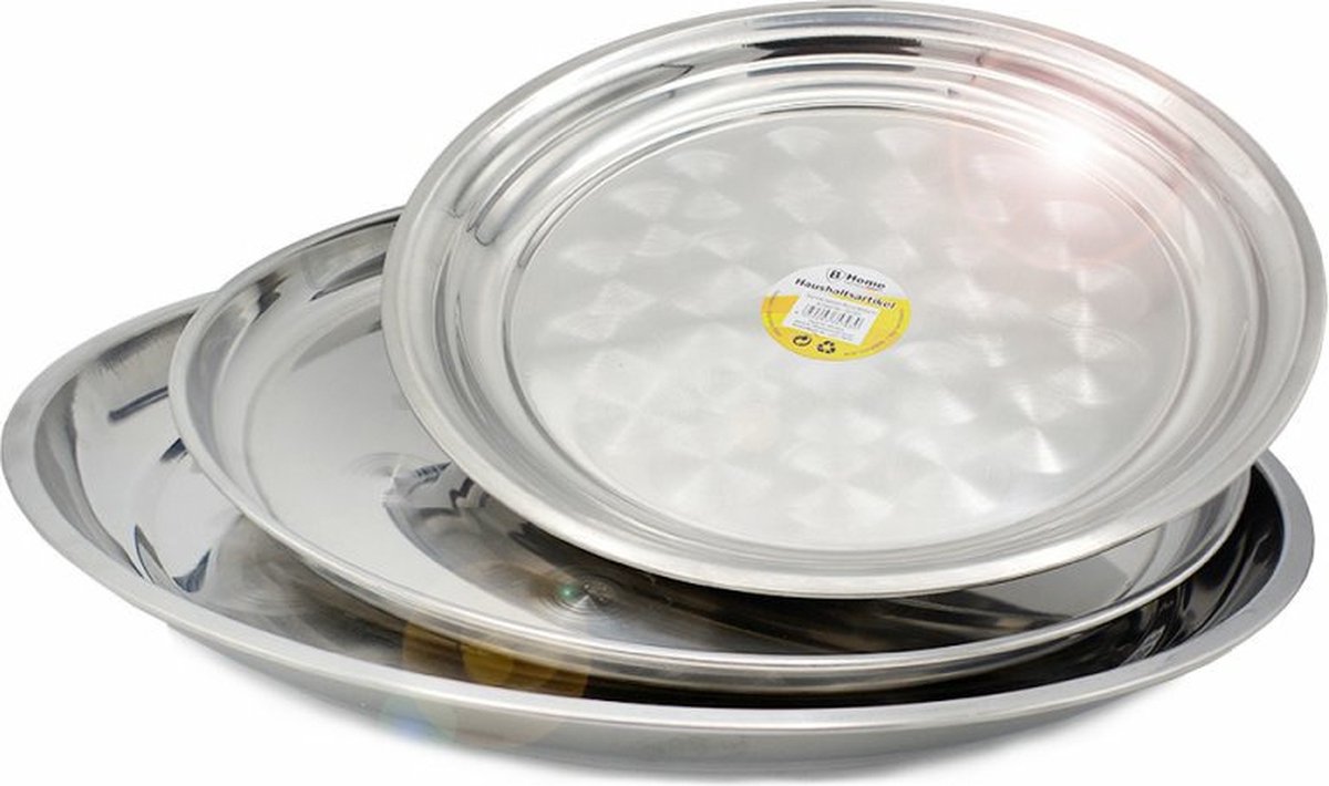 Borvat® | 3-Delige Ronde RVS Dienbladen Set | Rond | Zilver | 30/35/40Cm | Set Van 3 Stuks | Metalen Serving Tray Serveer Schaal