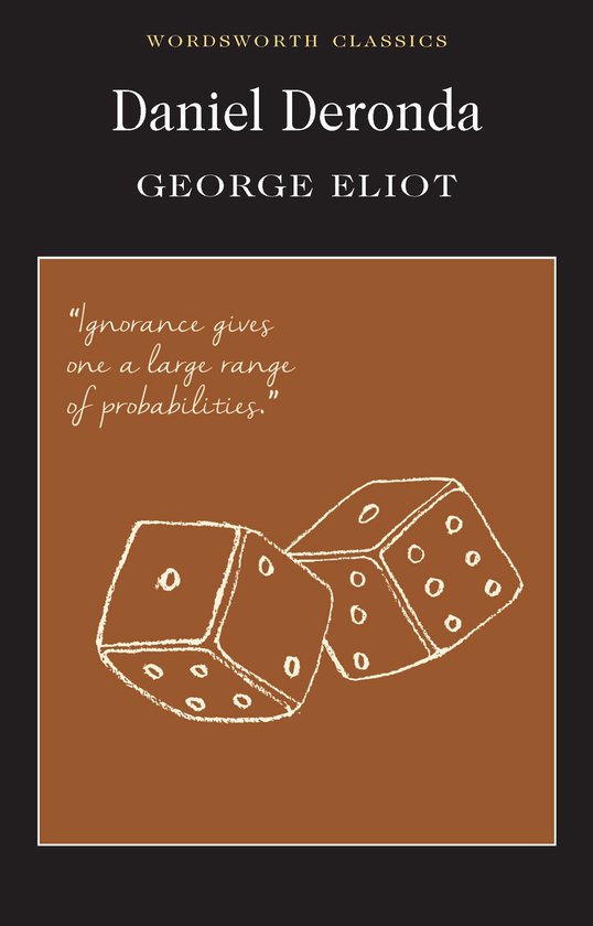 Boek kaft Daniel Deronda George Eliot met twee dobbelstenen.