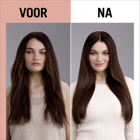 Voor en na foto van vrouw met steil haar. Links: pluizig haar. Rechts: glad, glanzend haar. Tekst: VOOR, NA.
