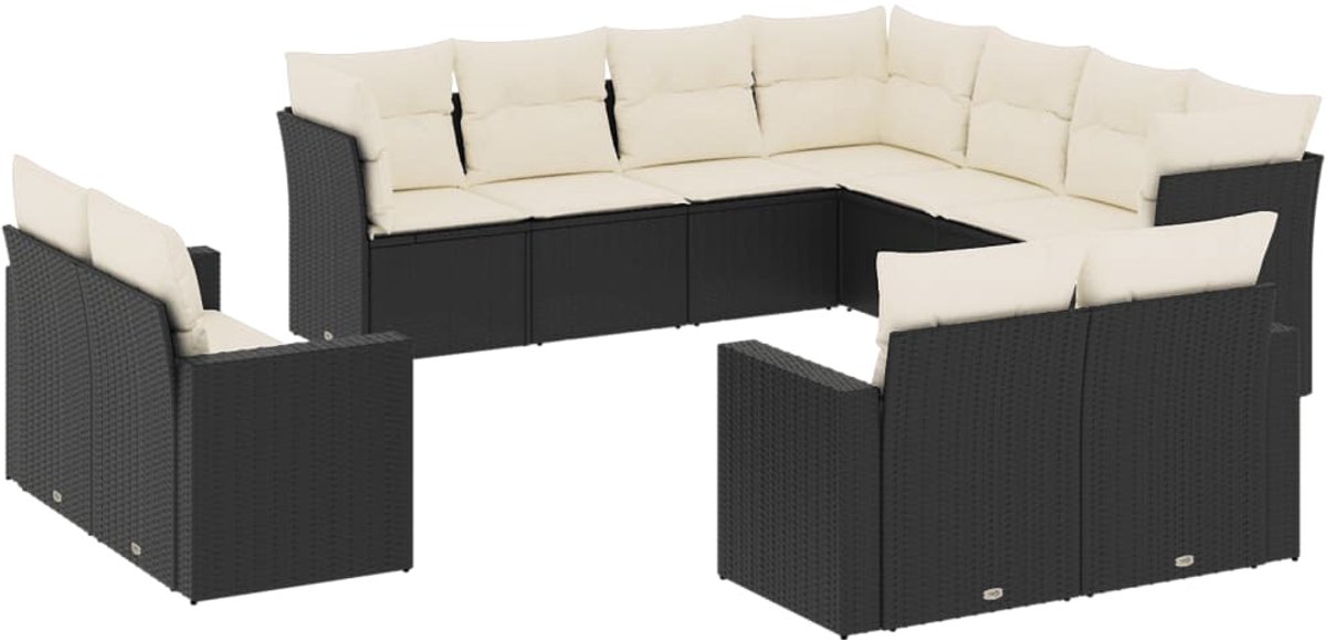 The Living Store 11-delige Loungeset met kussens poly rattan zwart - Loungebank - Lounge Set - Buitendecoratie - Tuinmeubels - PE Rattan