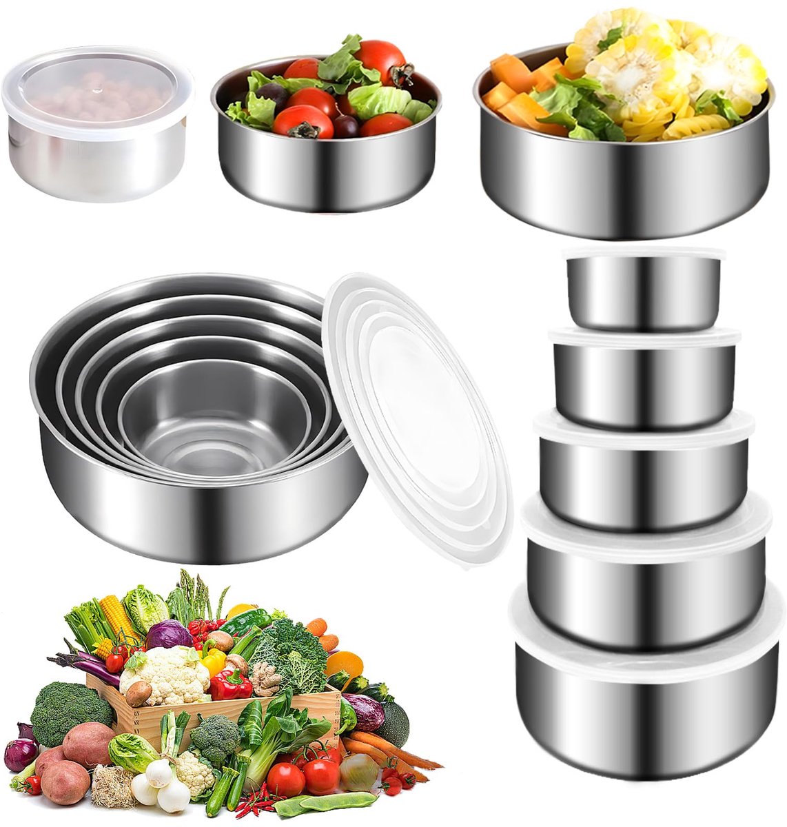 My Ninki ® Set van Vijf Stapelbare Roestvrijstalen Mengkommen met Deksel voor Keuken en Serveren