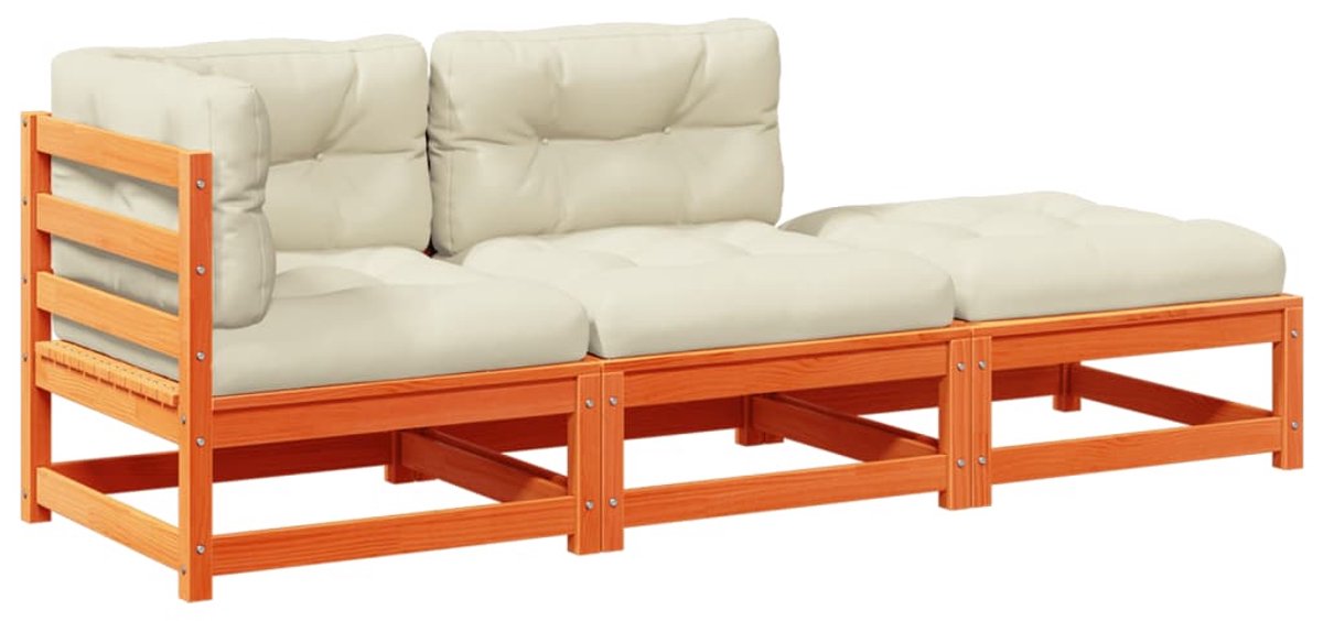 The Living Store loungeset van massief grenenhout in wasbruine kleur met kussens.