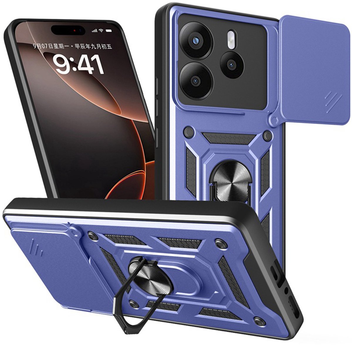 MobyDefend Hoesje - Geschikt voor Xiaomi Redmi Note 14 5G - Pantsercase Met Draaibare Ring - Blauw