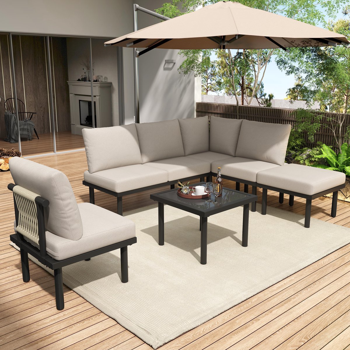 Sweiko Tuin loungeset - Hoekbank - Met gegalvaniseerd ijzeren frame - Verstelbare poten - Glazen tafelblad - Met zitting + kussens - Beige