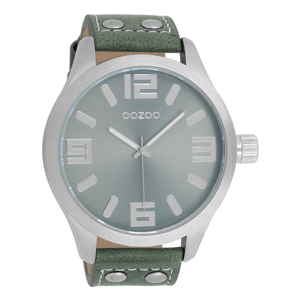 OOZOO Timepieces - Zilverkleurige horloge met groen grijze leren band - C1011