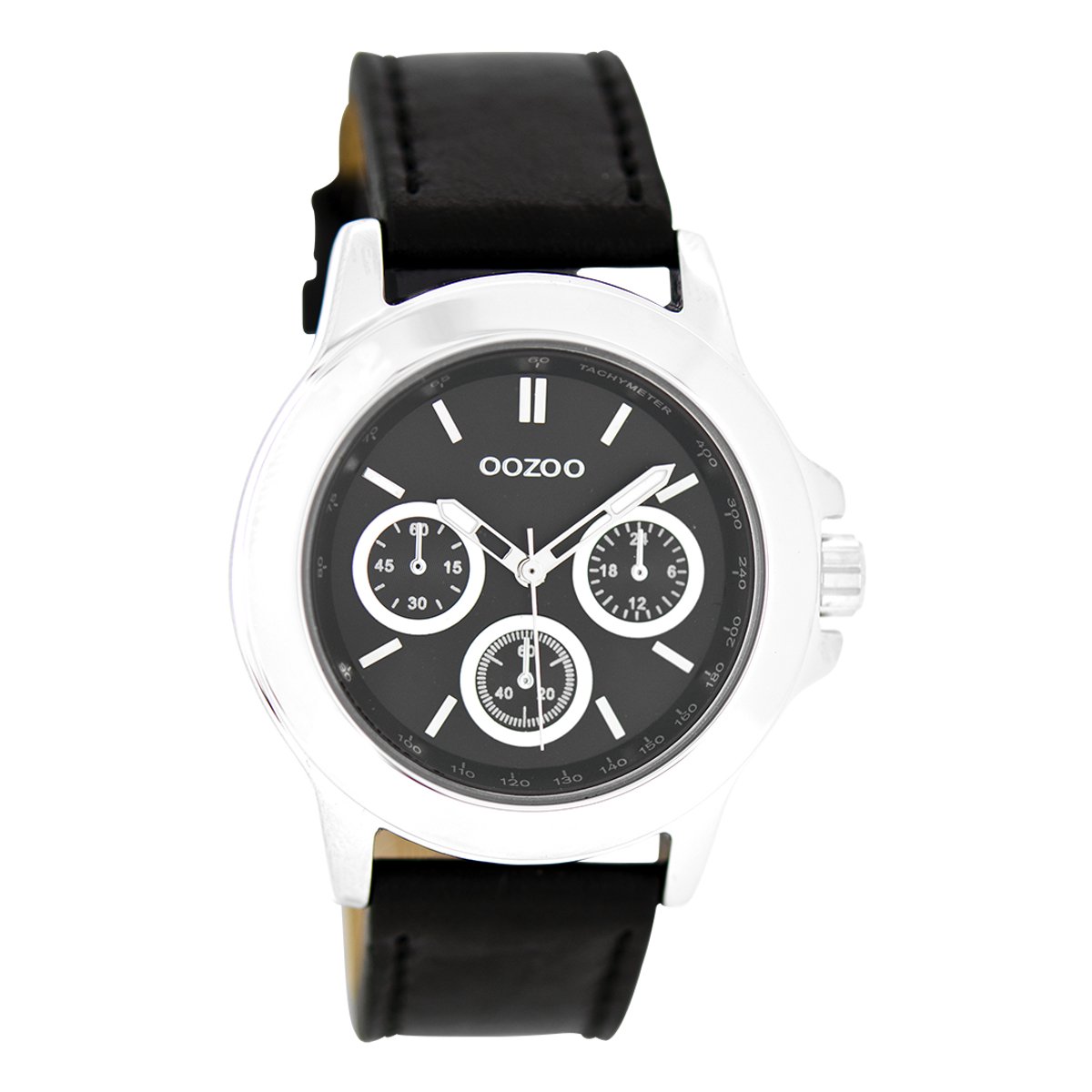 OOZOO Timepieces - Zilverkleurige horloge met zwarte leren band - C6189