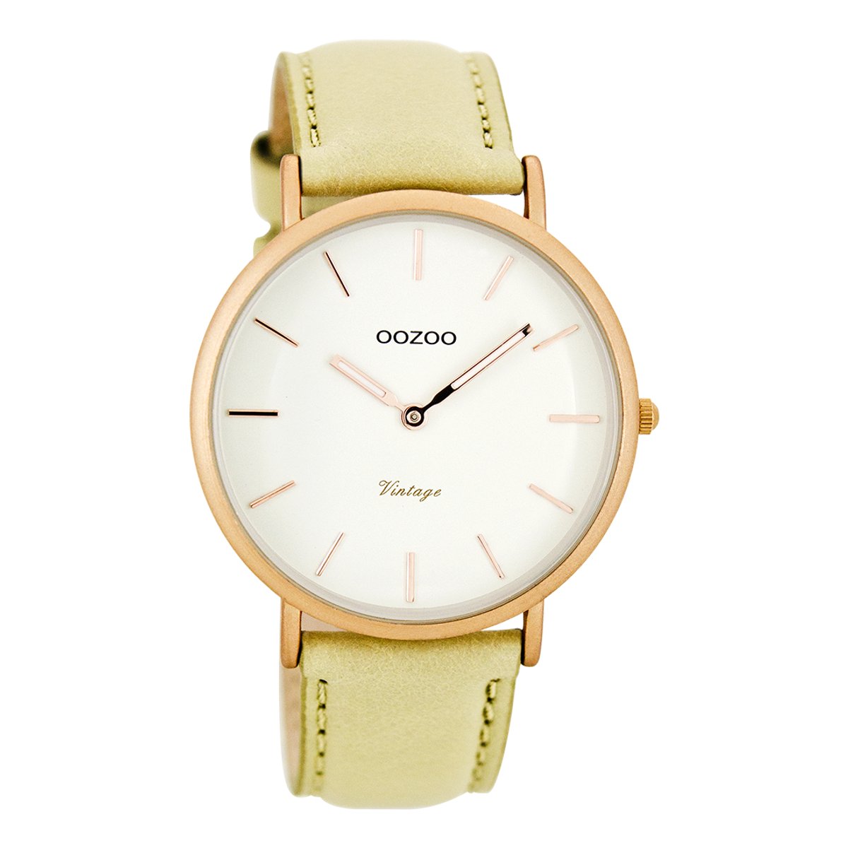 OOZOO Timepieces - Rosé goudkleurige horloge met beige leren band - C7734