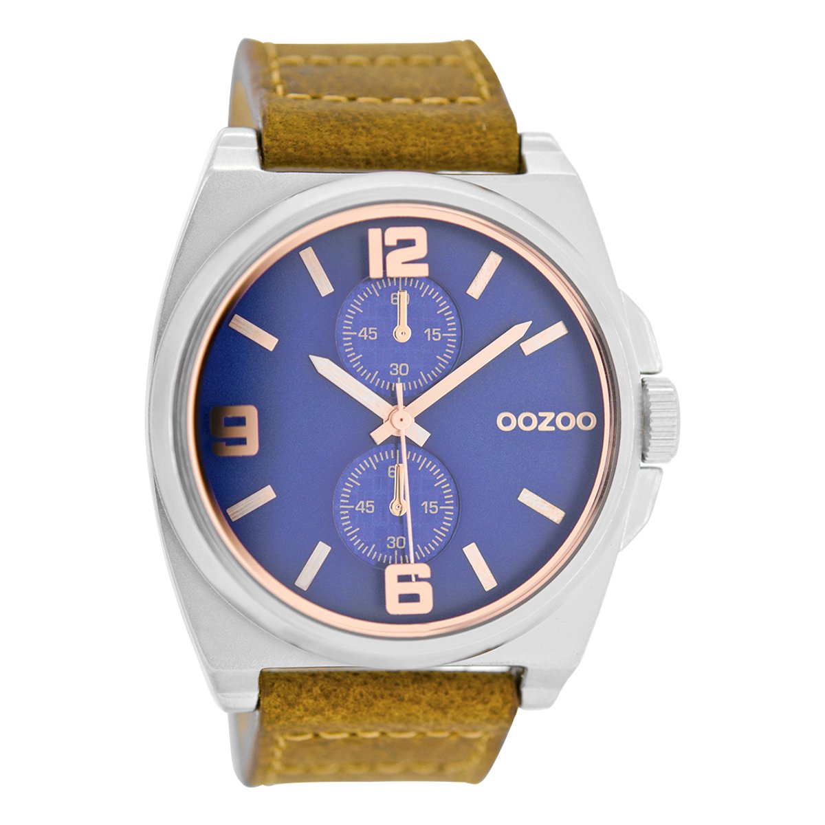 OOZOO Timepieces - Zilverkleurige horloge met camel leren band - C6756