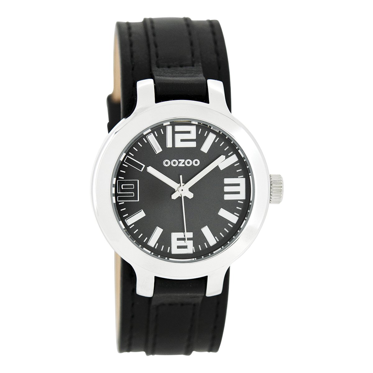 OOZOO Timepieces - Zilverkleurige horloge met zwarte leren band - C8709