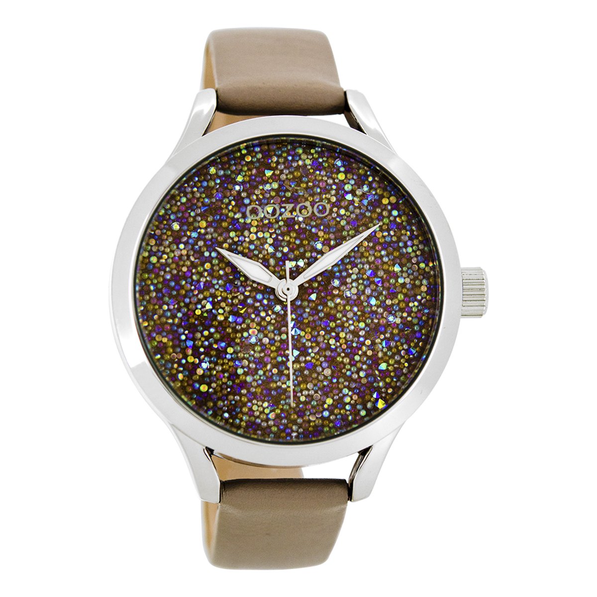 OOZOO Timepieces - Zilverkleurige horloge met taupe leren band - C9127