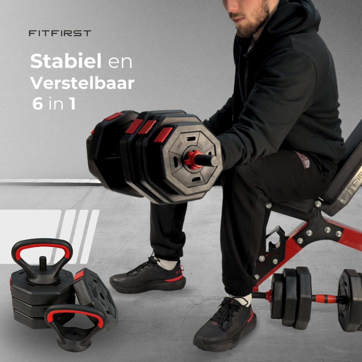 FitFirst 4-in-1 Verstelbare Dumbbells, Halter & Kettlebell Set – 40 kg – Complete Thuisgym Oplossing – Zwart/Rood – foto 6