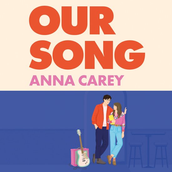 Boekomslag met de titel 'OUR SONG' en een illustratie van een jong stel, staand naast een gitaar.