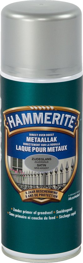 Aérosol Hammerite Laque pour métaux, satin gris argent, avec 8 ans de protection.