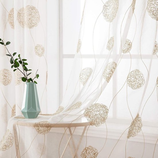 Goodivery ® Rideaux avec broderie florale, rideaux blancs avec décoration dorée pour salon, rideau de chambre à coucher avec œillets, lot de 2, voile, fleurs, rideaux transparents, chacun 245 x 140 cm (hxl)