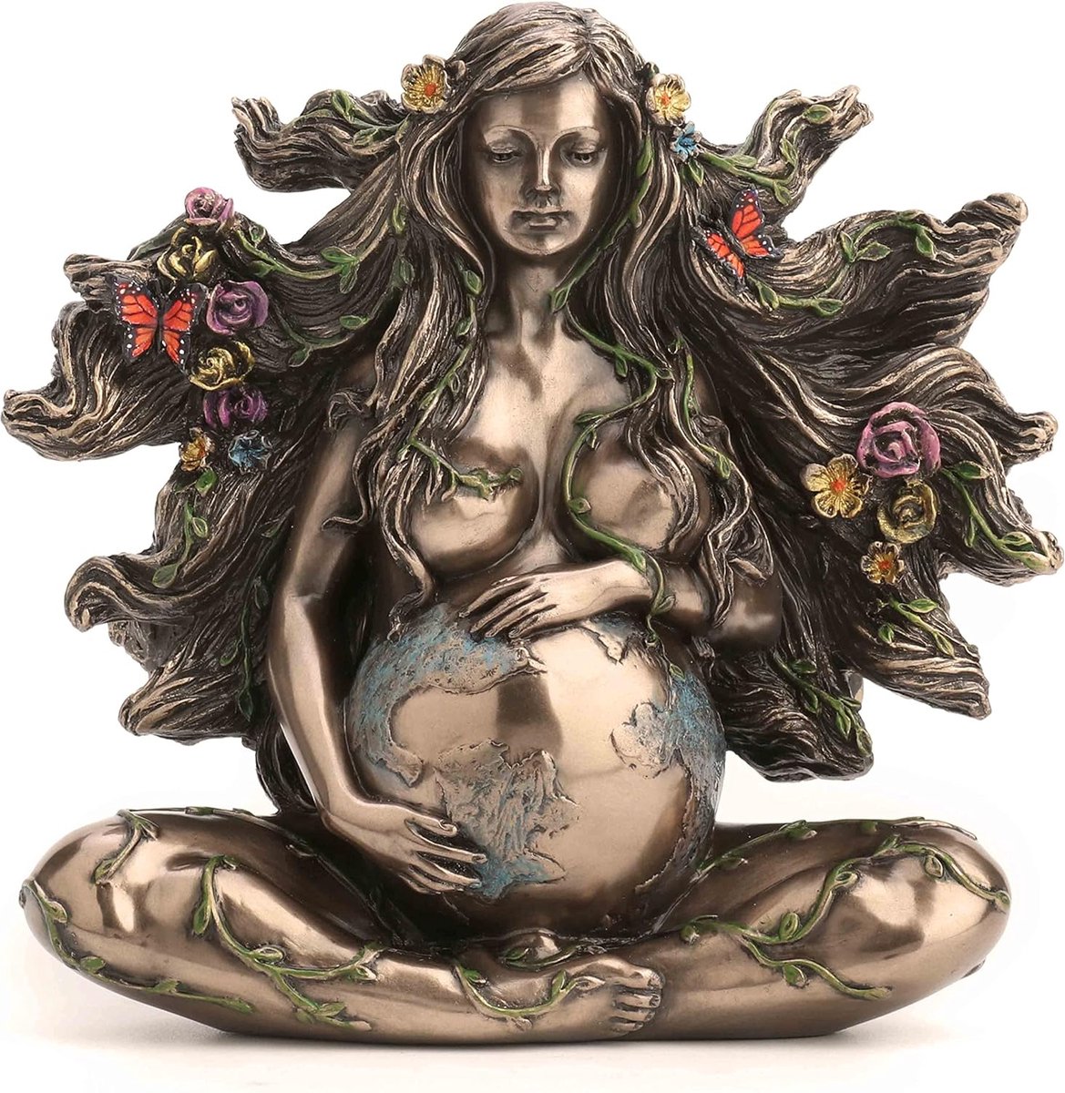 Veronese Design beeld/figuur - Zittende Zwangere Moeder Gaia met Vlinders - (hxbxd) ca. 12,1cm x 12,5cm x 5cm