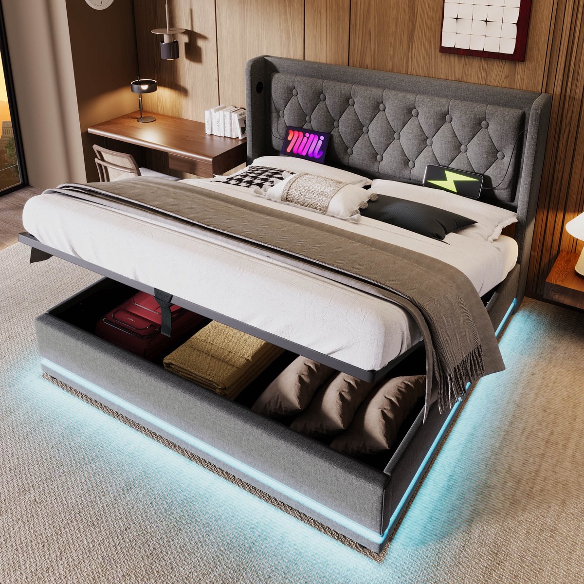 Sweiko Tweepersoonsbed - 140*200 cm - LED-verlichting - Hydraulische opbergruimte - USB Type-C oplaadfunctie - Zonder matras - Grijs