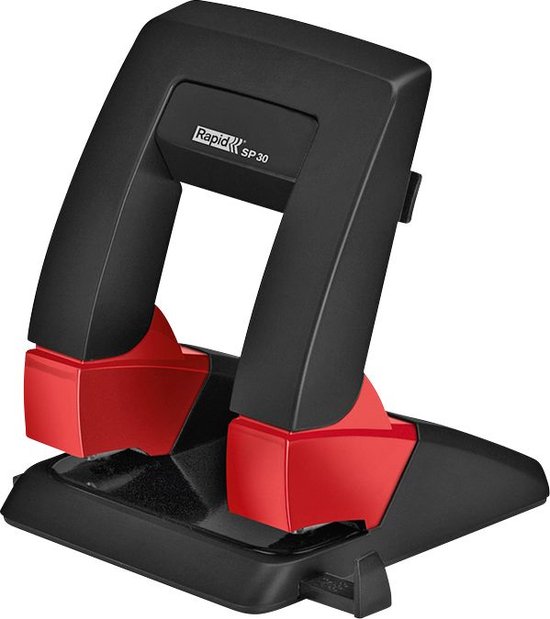 Zwarte perforator van het merk Rapid, model SP 30, met rode perforatiekoppen.