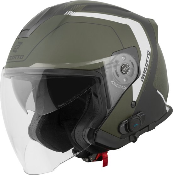 Casque jet Bogotto vert avec visière, rayures noires et blanches, imprimé camouflage et logo 'BOGOTTO'.