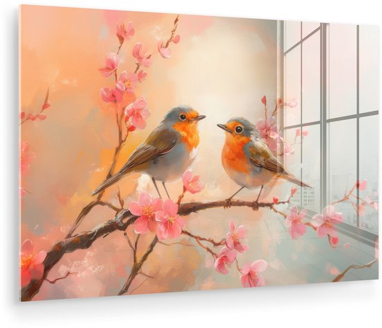 MuchoWow® Glasschilderij 150x100 cm - Schilderij acrylglas - Roodborstjes - Sierlijk - Bloesemtak - Foto op glas - Muurdecoratie woonkamer - Wanddecoratie slaapkamer - Schilderijen