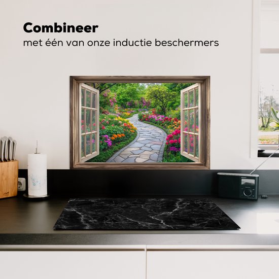 Crédence de Cuisinière en Aluminium 60x40 cm - Vue - Fleurs - Chemin de jardin - Nature - Fenêtre - Écran Pare-éclaboussures pour Plaque de Cuisson - Protection Murale