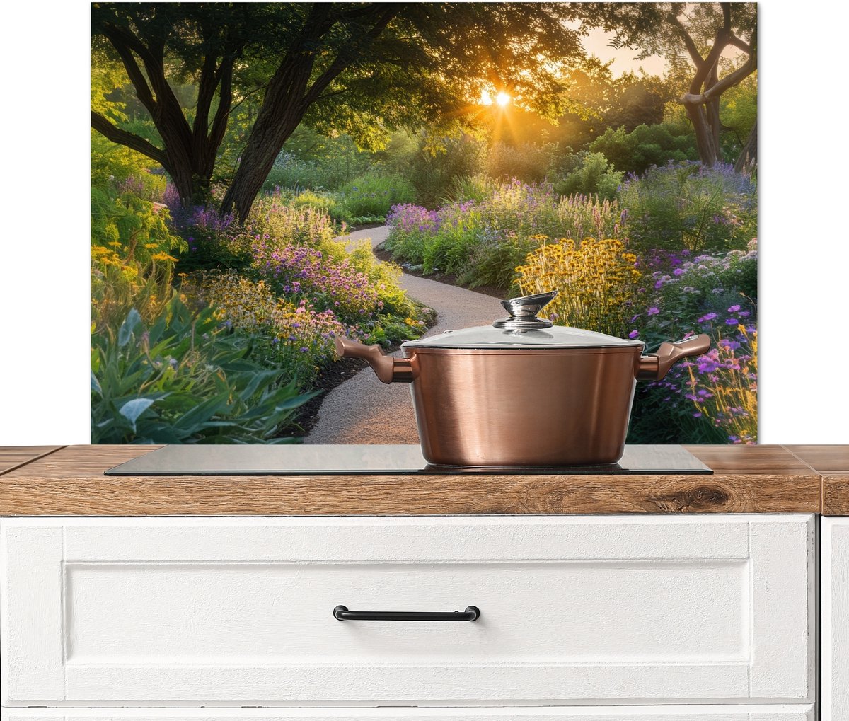 Spatscherm keuken 90x60 cm - Kookplaat achterwand Pad - Bloemen - Park - Muurbeschermer - Spatwand fornuis - Hoogwaardig aluminium