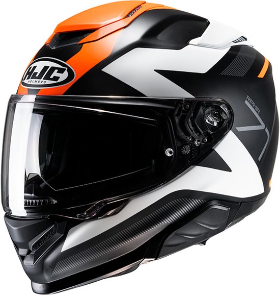 Zijkant van een zwarte HJC RPHA 71 helm met oranje, witte en grijze grafische patronen.