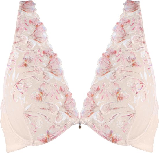 Lichtroze triangel bh met bloemenpatroon in kant en mesh, met scalloped rand.
