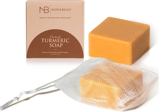 Novabeau kurkumazeep, 200g, in verpakking met zeepnet. Handgemaakte gezichts- en lichaamsreiniger met kurkuma-extract.