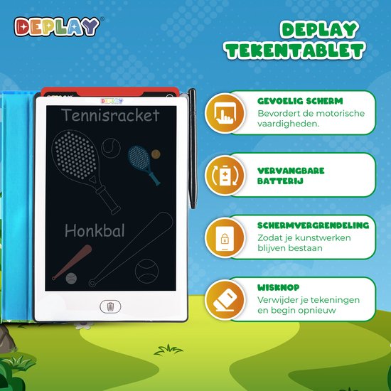 DEPLAY tekentablet met tennisracket en honkbal. Iconen voor gevoelig scherm, vervangbare batterij, vergrendeling.